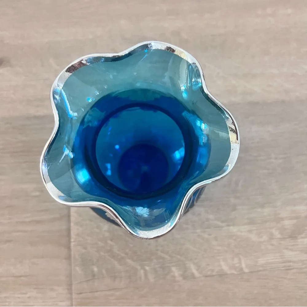 Vintage Hand Blown Silver City Glass - Sterling Silver Overlay‎ Blue Vase - RARE